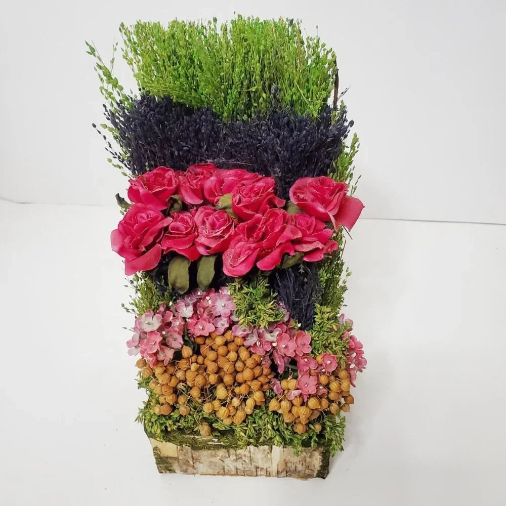 Faux Yellow Roses & Flowers in tree trunk arrangement (New without box)